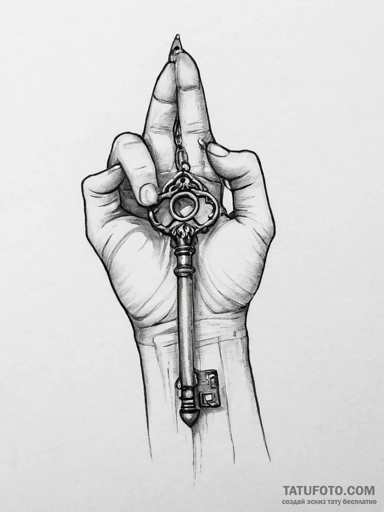 Tattoo sketch hand holding a key, ink illustr... - эскиз тату (№1756397101_0, 28.08.2025 16:05) — Tatufoto.com