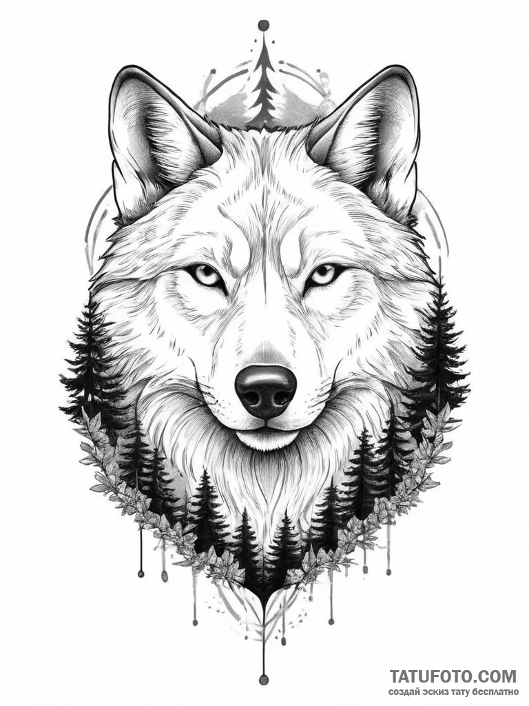 Tattoo sketch узор в виде волка с лесом - эскиз тату (№1756402452_0, 28.08.2025 17:34) — Tatufoto.com