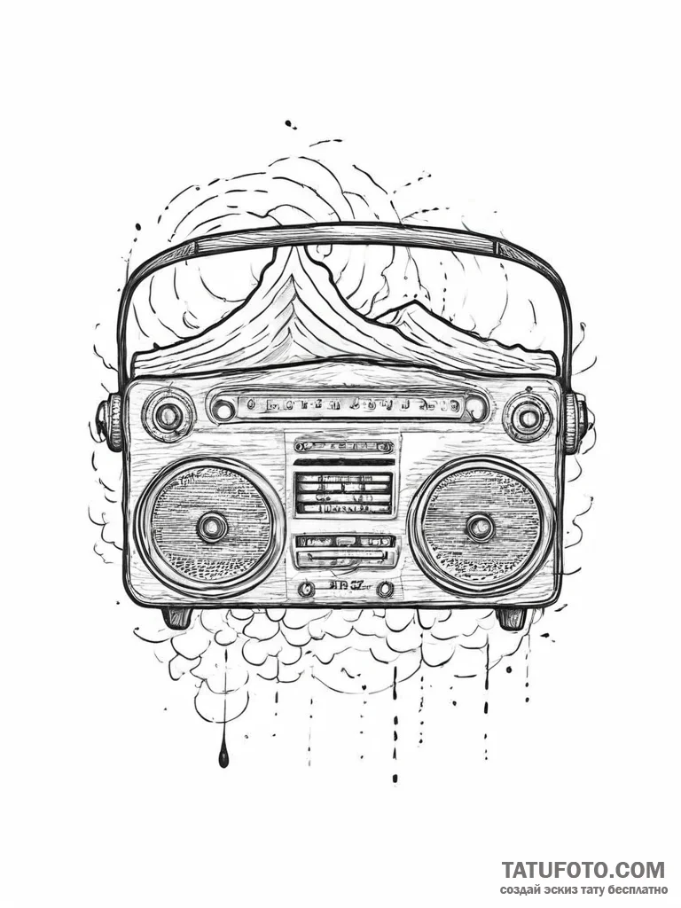 Tattoo sketch old radio with waves, ink illus... - эскиз тату (№1756405466_0, 28.08.2025 18:24) — Tatufoto.com