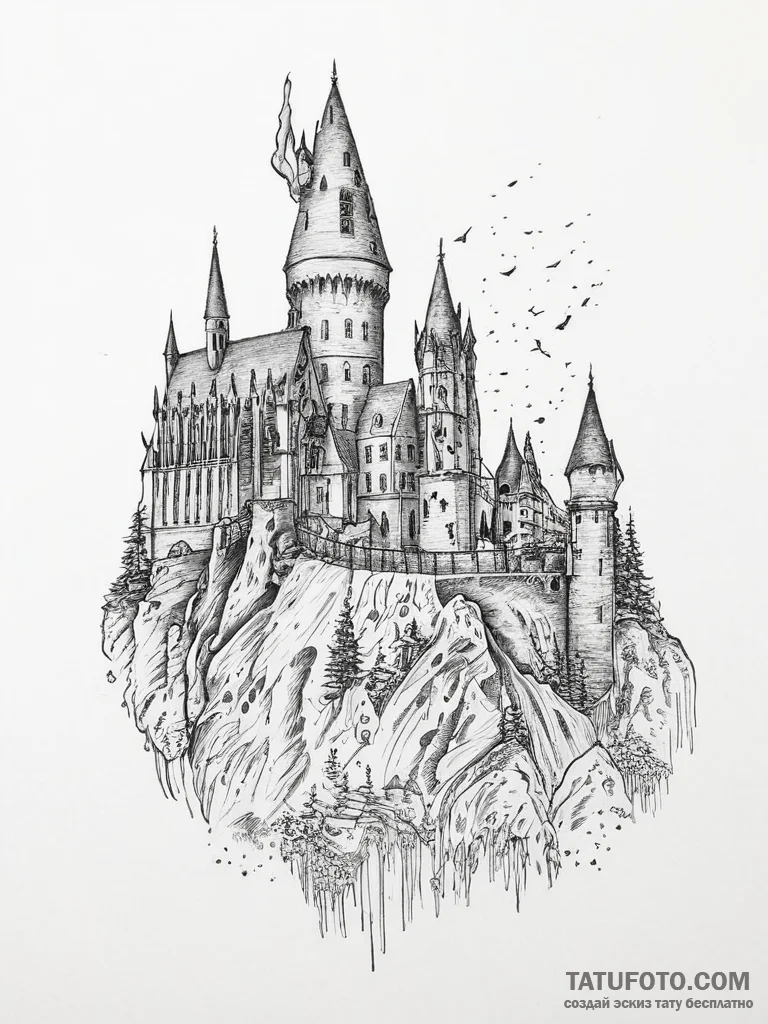 Tattoo sketch harry potter hogwarts castle - эскиз тату (№1756405667_0, 28.08.2025 18:27) — Tatufoto.com