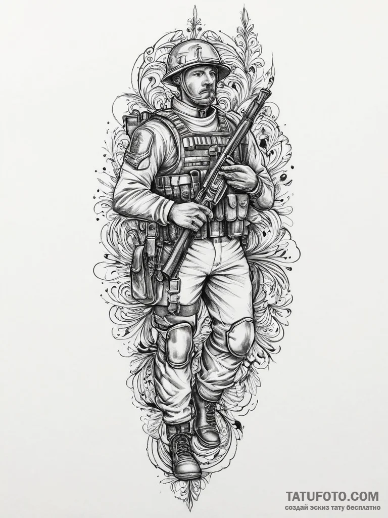 Tattoo sketch soldier with a brush, tattoo fl... - эскиз тату (№1756408459_0, 28.08.2025 19:14) — Tatufoto.com