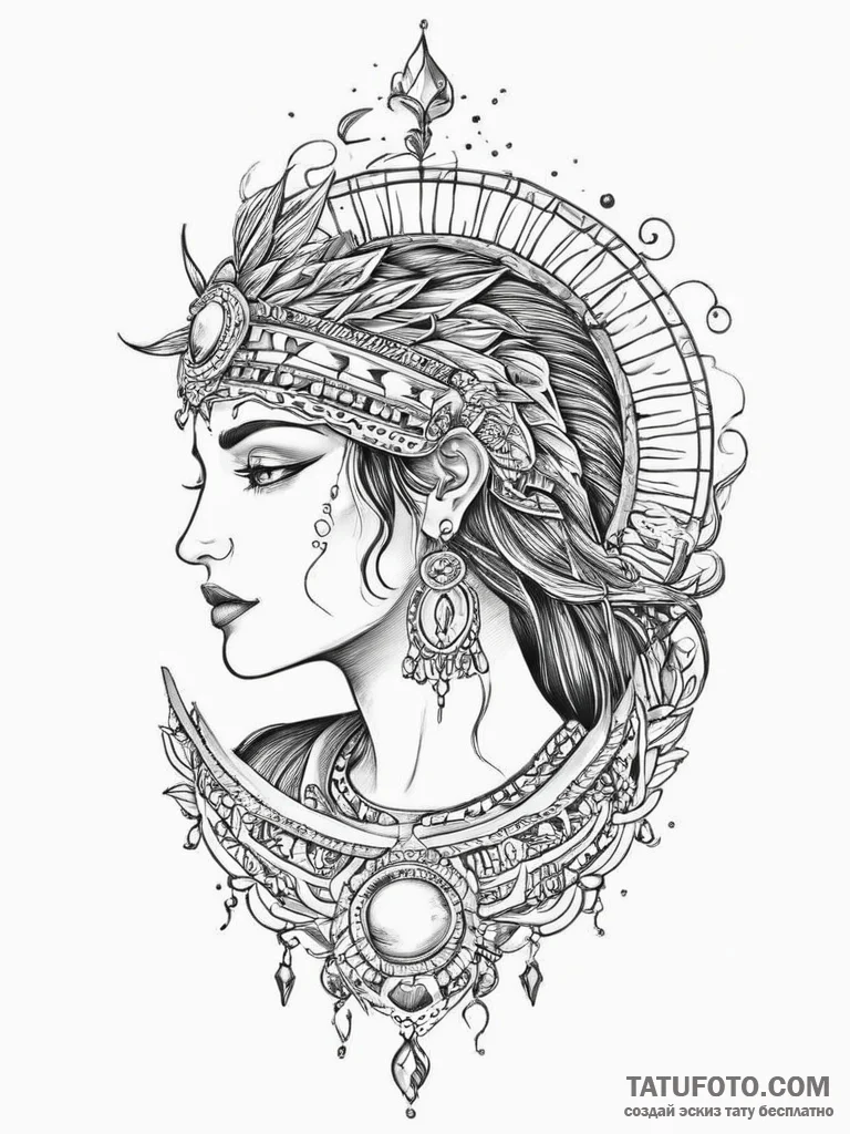 Tattoo sketch inca moon goddess, concept art... - эскиз тату (№1756413657_0, 28.08.2025 20:40) — Tatufoto.com