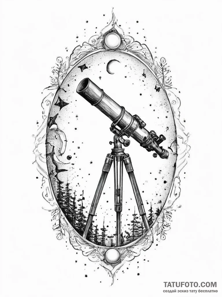 Tattoo sketch telescope with a moon, artistic... - эскиз тату (№1756427031_0, 29.08.2025 00:23) — Tatufoto.com
