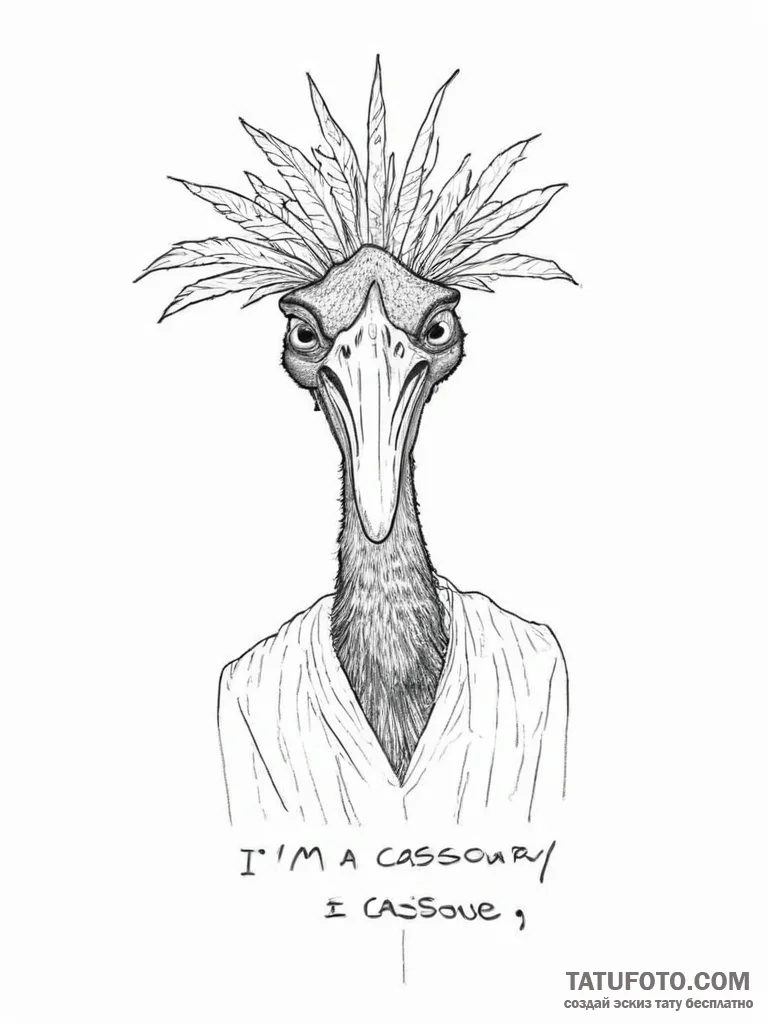 Tattoo sketch puns a cassowary that says "i'm... - эскиз тату (№1756434502_0, 29.08.2025 02:28) — Tatufoto.com