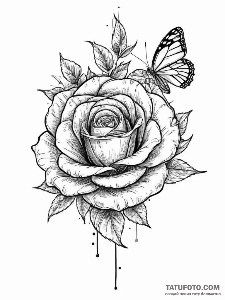Tattoo sketch rose with a butterfly, tattoo l... - эскиз тату (№1756435096_0, 29.08.2025 02:38) — Tatufoto.com