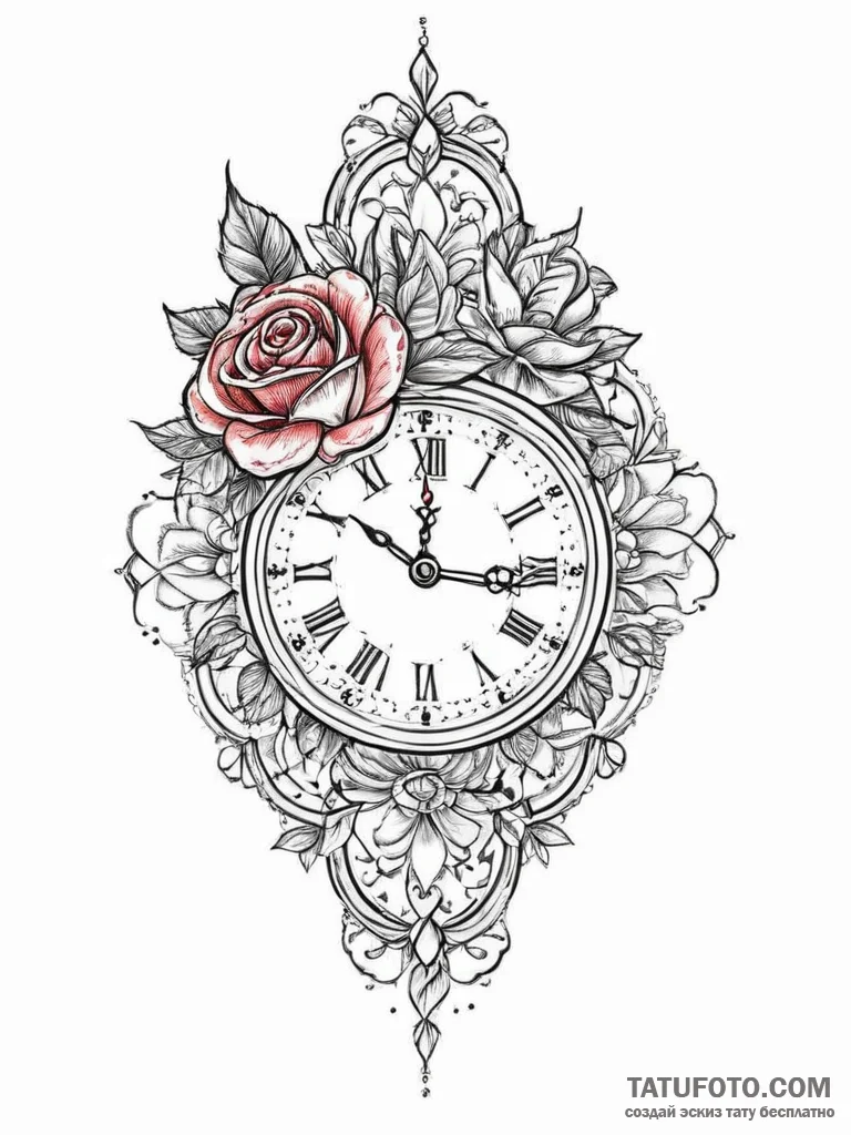 Tattoo sketch antique clock with a rose, tatt... - эскиз тату (№1756439861_0, 29.08.2025 03:57) — Tatufoto.com