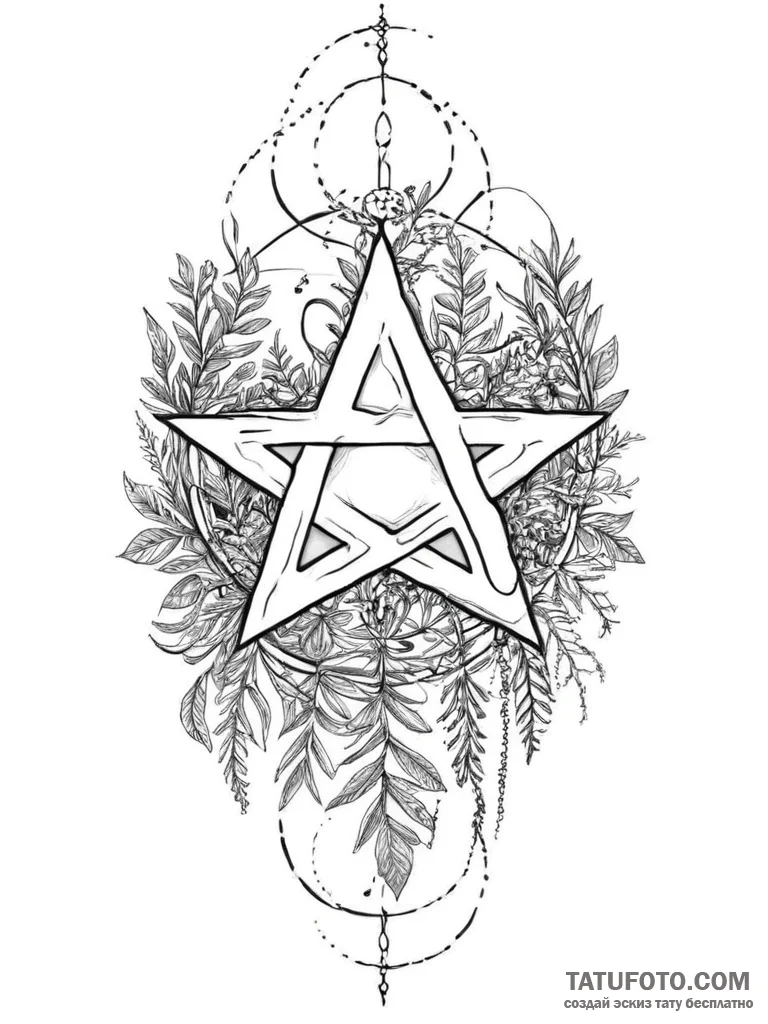 Tattoo sketch pentagram and herbs - эскиз тату (№1756451527_0, 29.08.2025 07:12) — Tatufoto.com