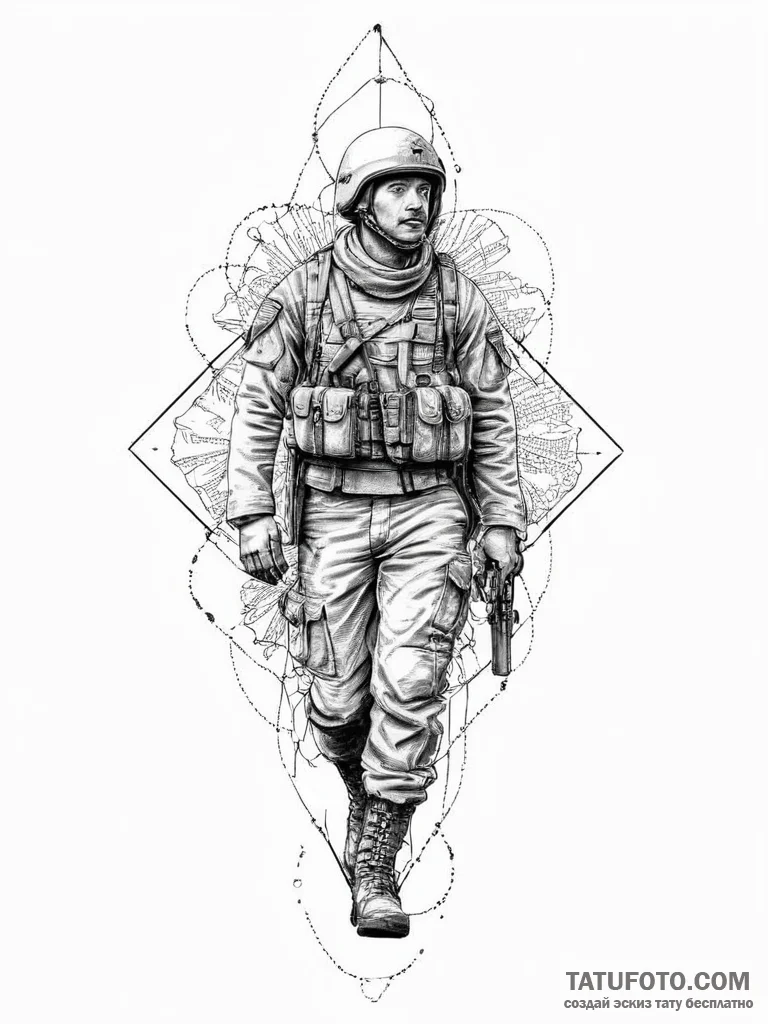Tattoo sketch soldier with a map, concept art... - эскиз тату (№1756461017_0, 29.08.2025 09:50) — Tatufoto.com