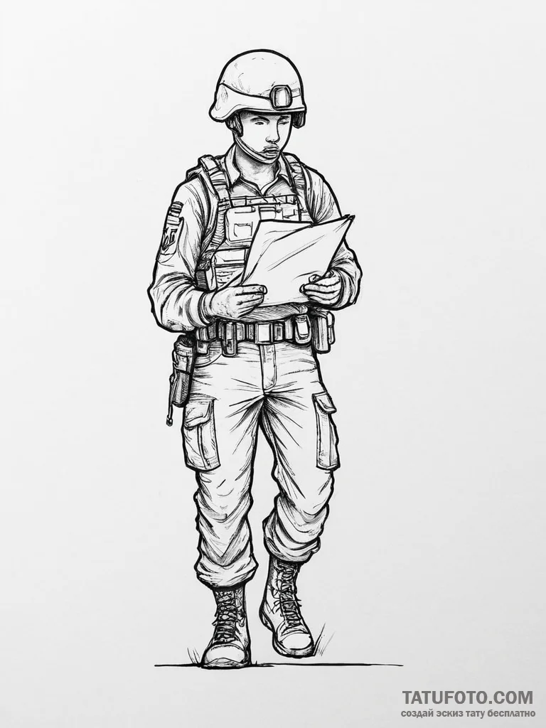 Tattoo sketch soldier with a letter, ink illu... - эскиз тату (№1756472104_0, 29.08.2025 12:55) — Tatufoto.com