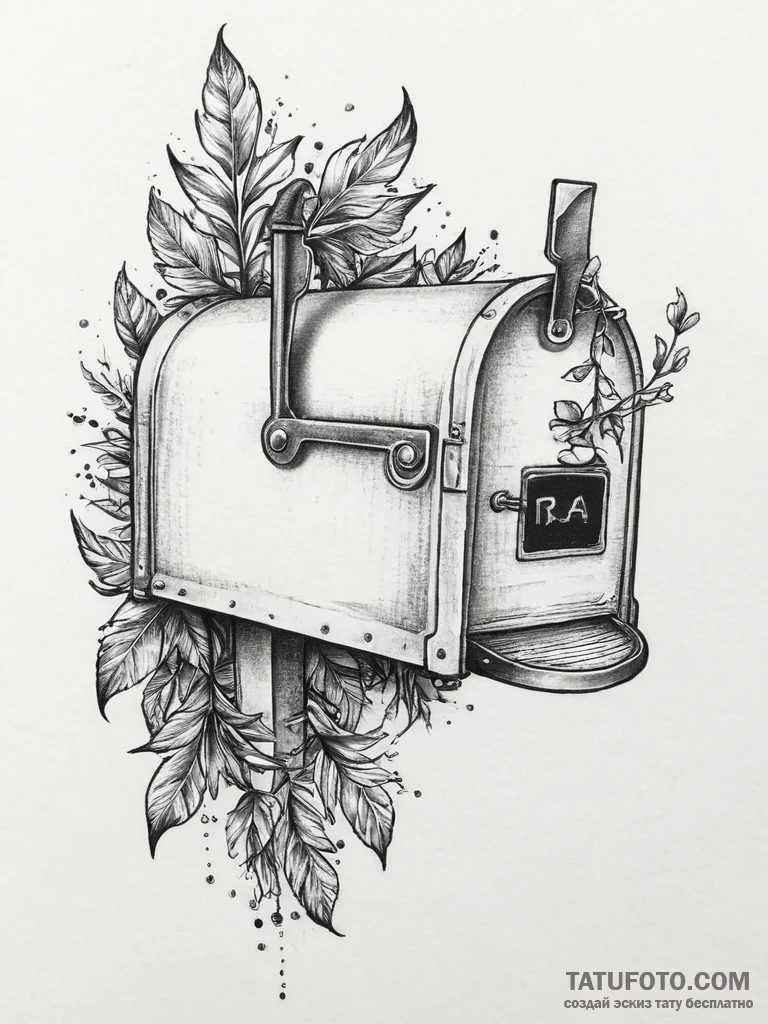 Tattoo sketch mailbox with a plant, concept a... - эскиз тату (№1756476698_0, 29.08.2025 14:11) — Tatufoto.com