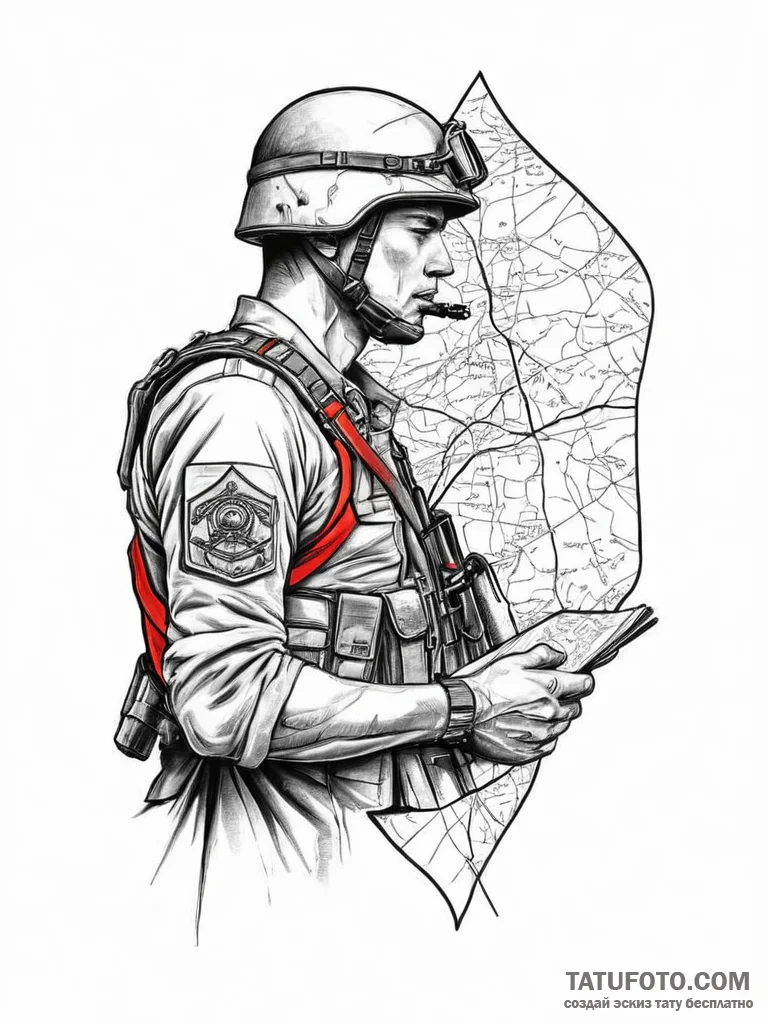 Tattoo sketch soldier with a map, ink illustr... - эскиз тату (№1756477489_0, 29.08.2025 14:24) — Tatufoto.com