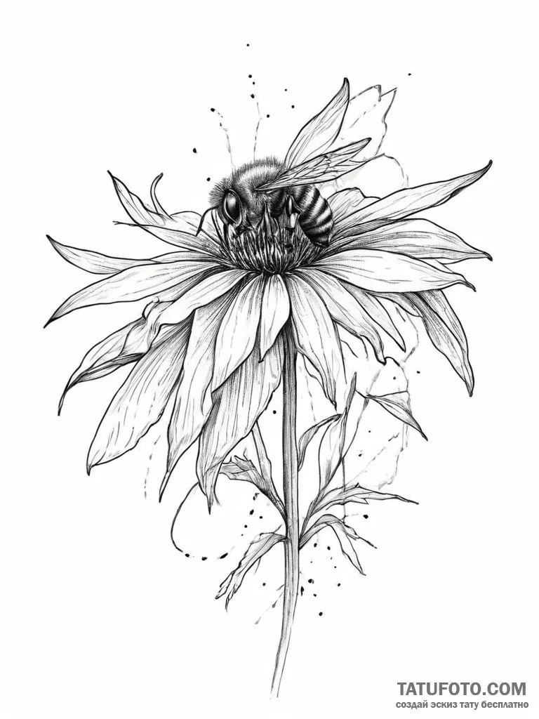 Tattoo sketch echinacea with a bee - эскиз тату (№1756484448_0, 29.08.2025 16:20) — Tatufoto.com