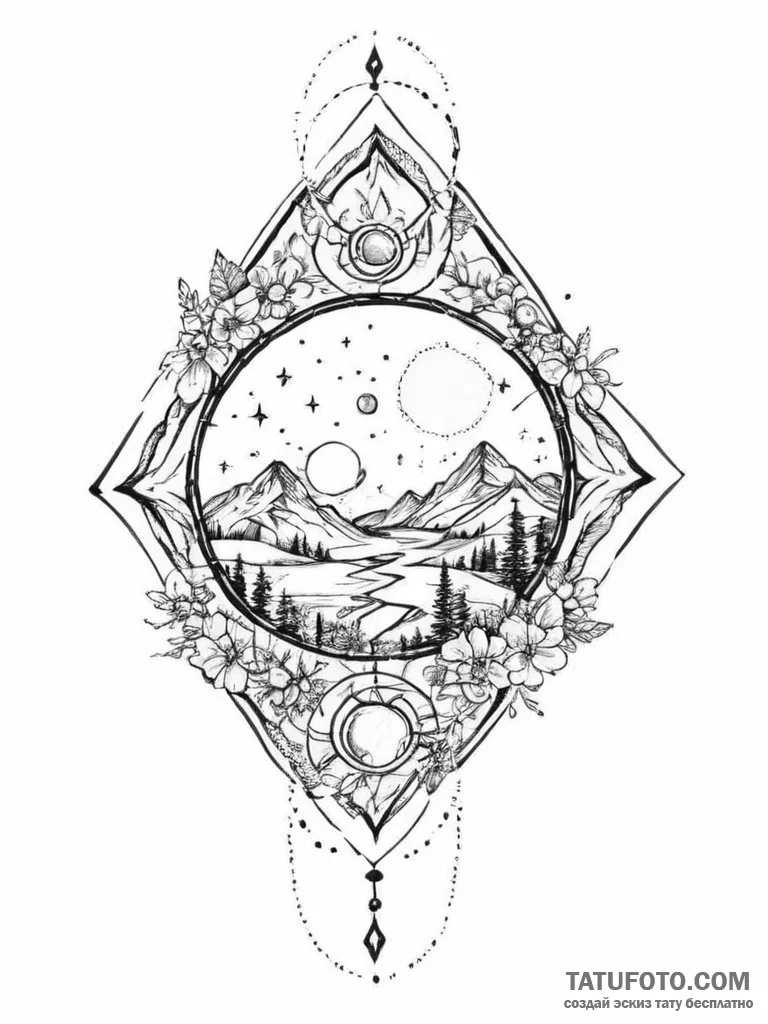 Tattoo sketch cosmic spring, tattoo line art,... - эскиз тату (№1756487807_0, 29.08.2025 17:16) — Tatufoto.com