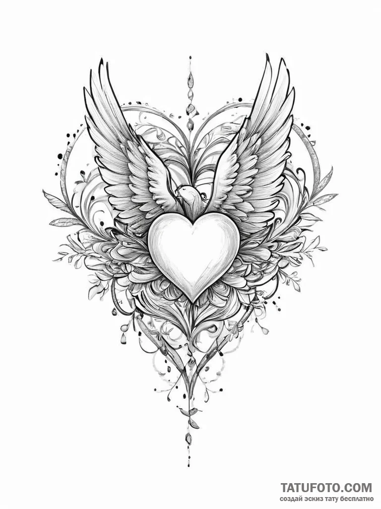 Tattoo sketch flying heart with a bird - эскиз тату (№1756489414_0, 29.08.2025 17:43) — Tatufoto.com