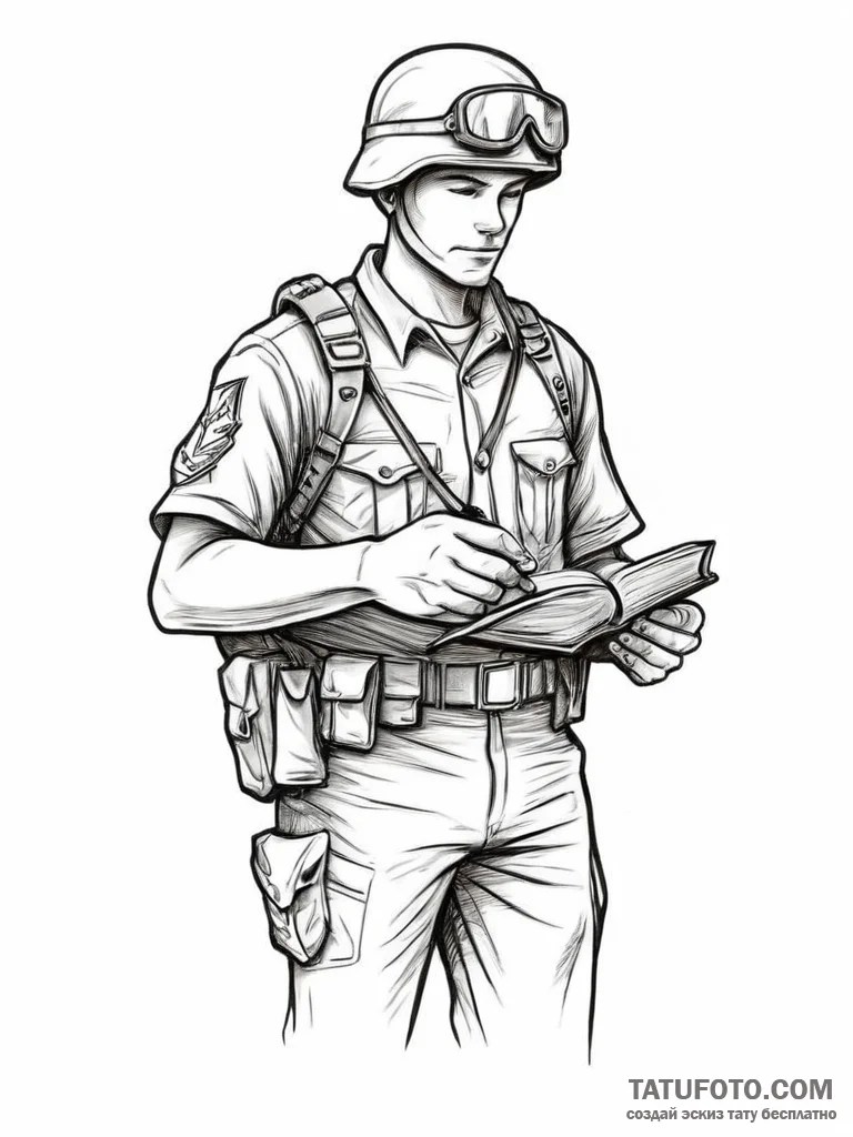 Tattoo sketch soldier with a book, concept ar... - эскиз тату (№1756492039_0, 29.08.2025 18:27) — Tatufoto.com
