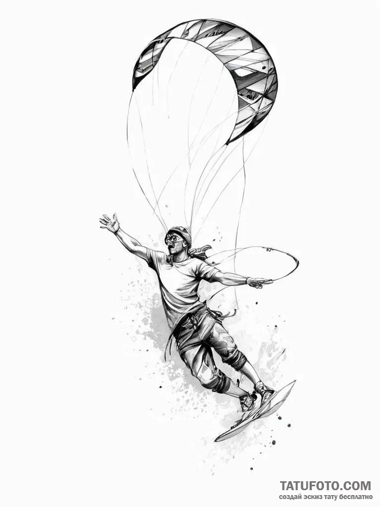 Tattoo sketch kitesurfing person with a kite - эскиз тату (№1756512020_0, 30.08.2025 00:00) — Tatufoto.com