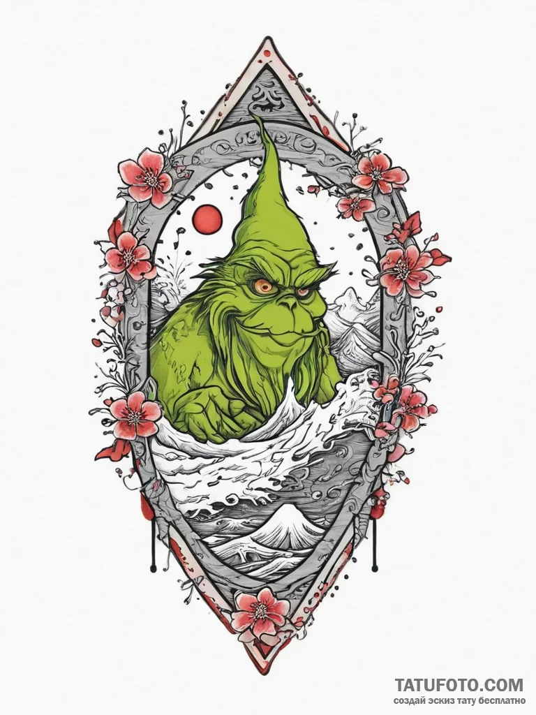 Tattoo sketch the grinch with a tombstone, ta... - эскиз тату (№1756576418_0, 30.08.2025 17:53) — Tatufoto.com