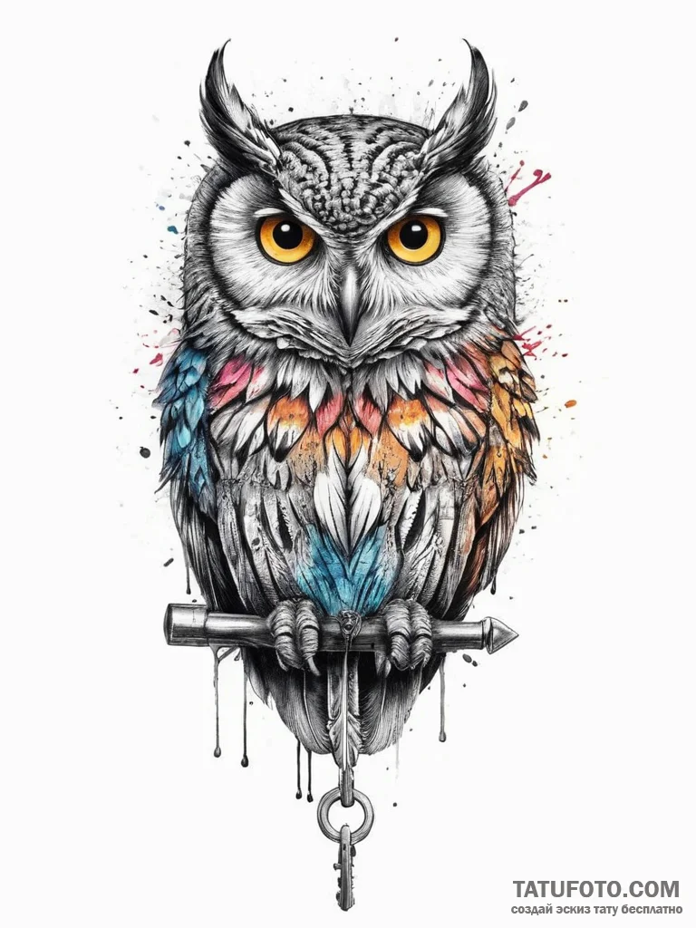 Tattoo sketch an owl with a key, tattoo sketc... - эскиз тату (№1756587574_0, 30.08.2025 20:59) — Tatufoto.com