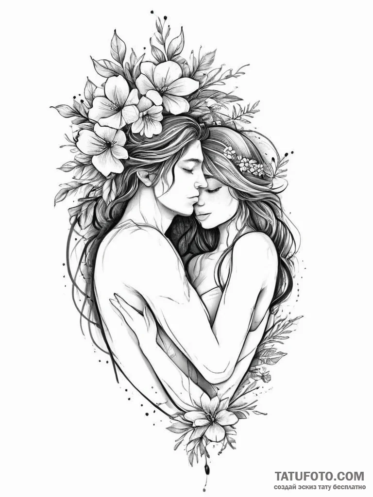 Tattoo sketch romantic embrace with a flower - эскиз тату (№1756592177_0, 30.08.2025 22:16) — Tatufoto.com