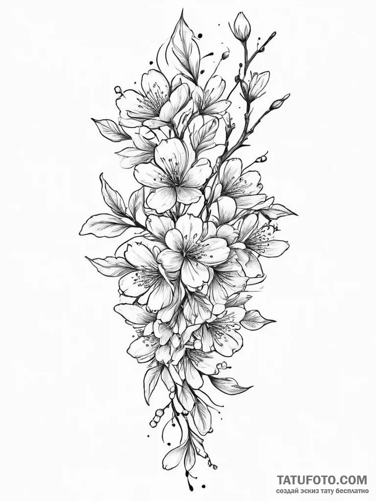 Tattoo sketch cherry blossom branch, artistic... - эскиз тату (№1756594191_0, 30.08.2025 22:49) — Tatufoto.com