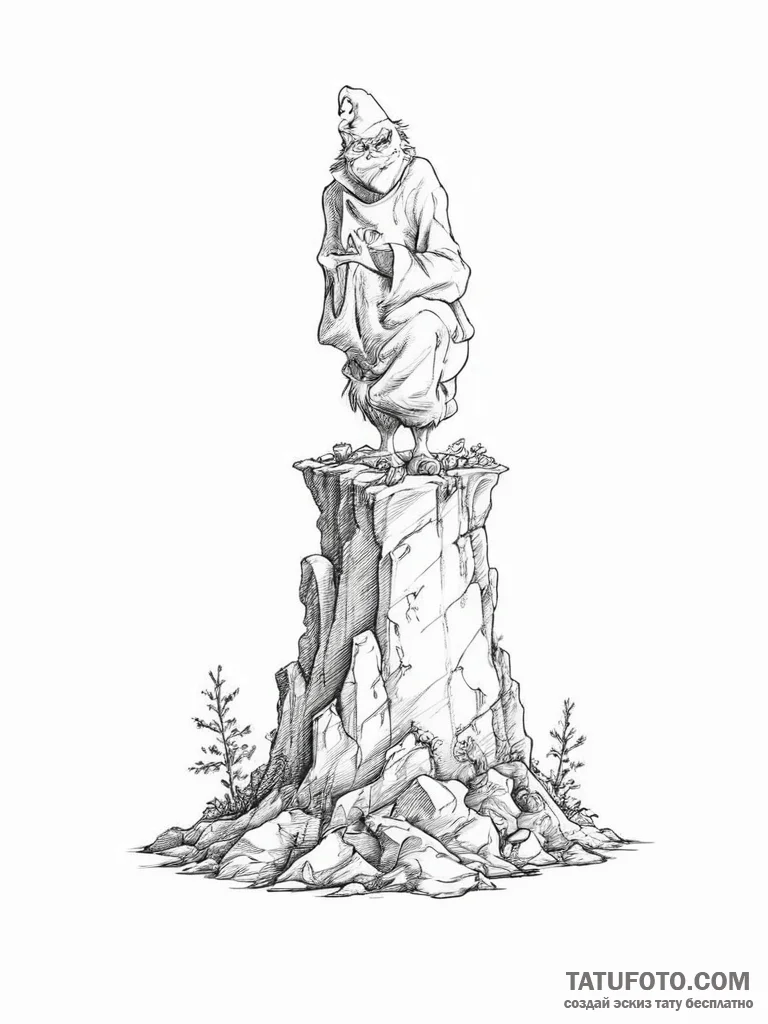 Tattoo sketch the grinch with a monument - эскиз тату (№1756598253_0, 30.08.2025 23:57) — Tatufoto.com