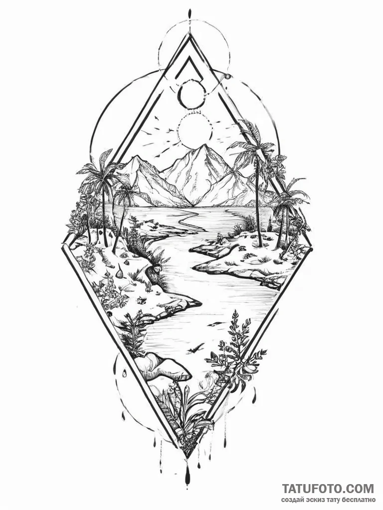 Tattoo sketch oasis, concept art for tattoo,... - эскиз тату (№1756602915_0, 31.08.2025 01:15) — Tatufoto.com