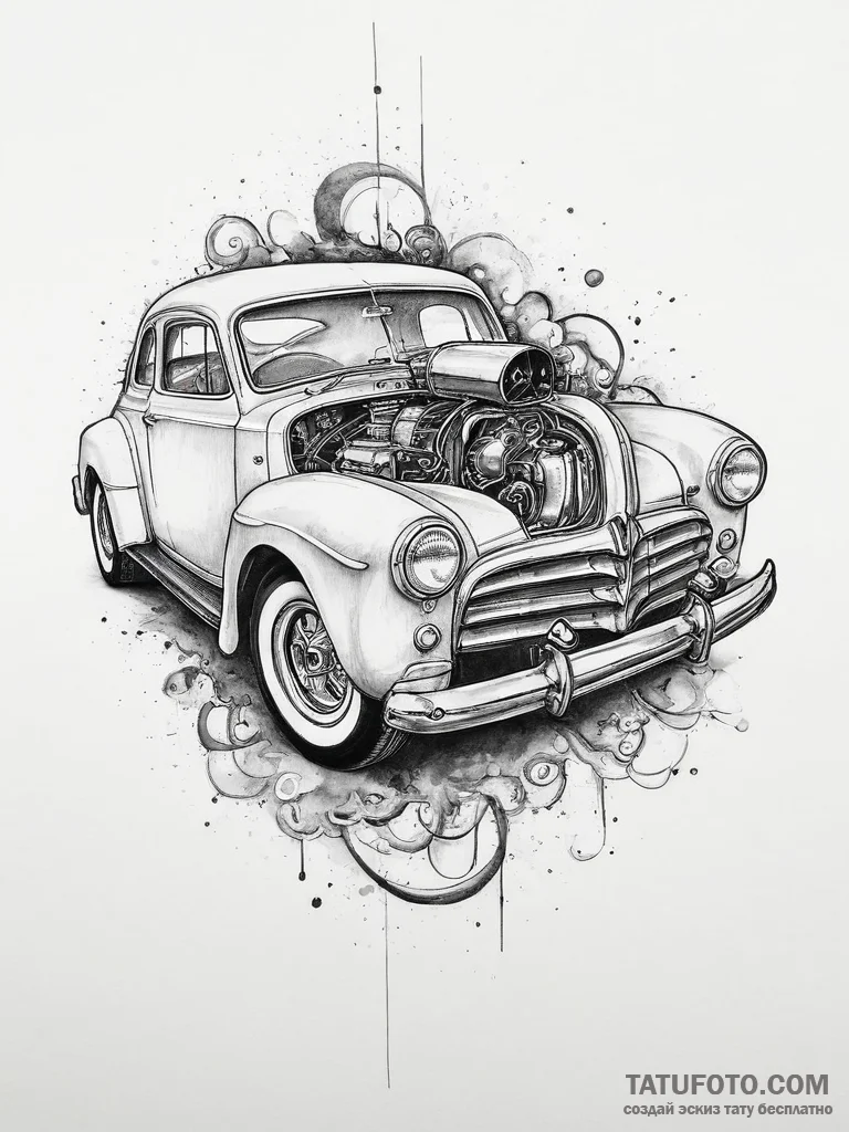 Tattoo sketch rockabilly hot rod car, ink ill... - эскиз тату (№1756607772_0, 31.08.2025 02:36) — Tatufoto.com