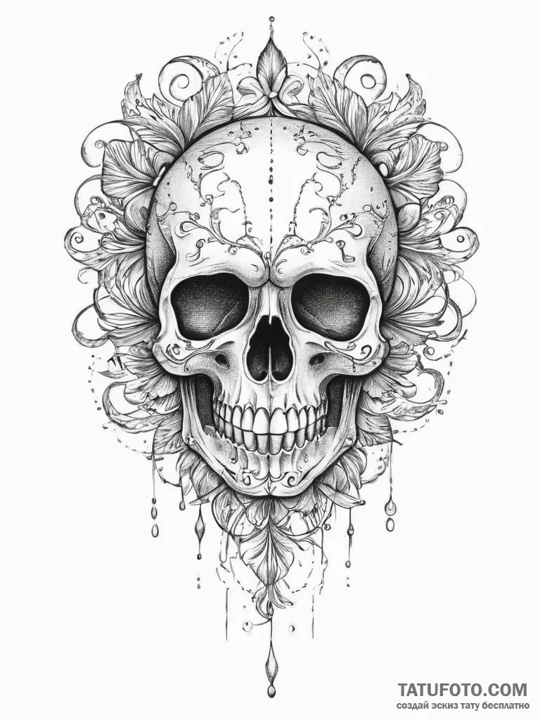 Tattoo sketch узор в виде черепа с водой, con... - эскиз тату (№1756618573_0, 31.08.2025 05:36) — Tatufoto.com