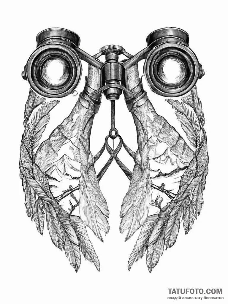 Tattoo sketch binoculars with a bird - эскиз тату (№1756619176_0, 31.08.2025 05:46) — Tatufoto.com