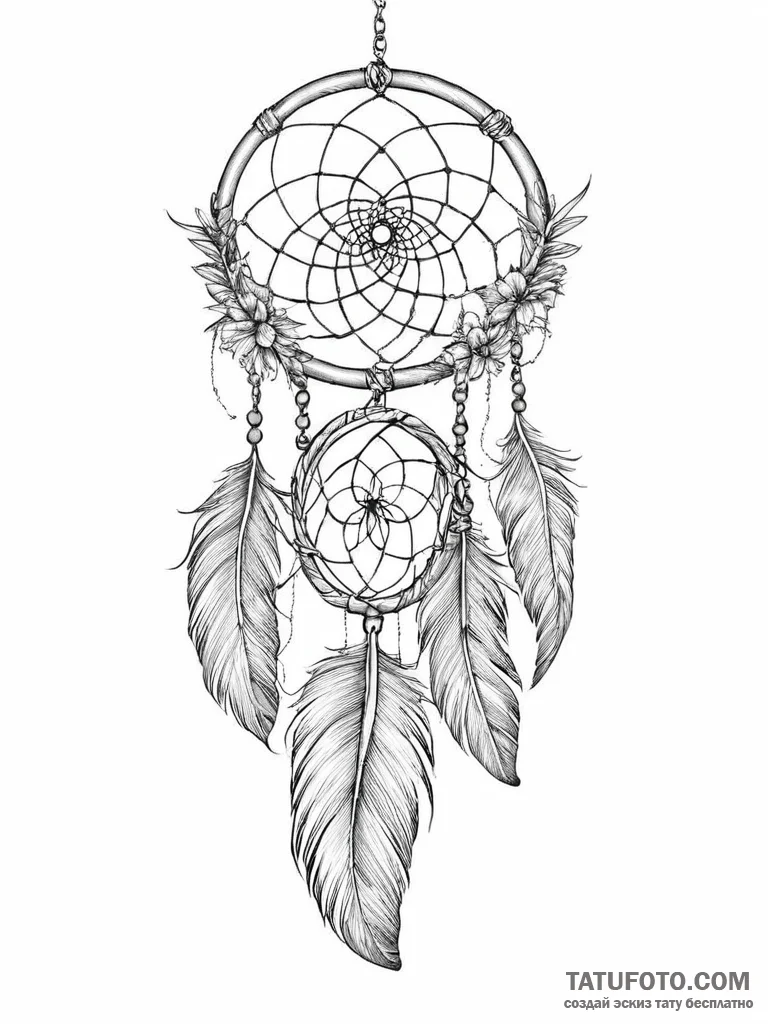 Tattoo sketch feather with a dreamcatcher - эскиз тату (№1756619985_0, 31.08.2025 05:59) — Tatufoto.com