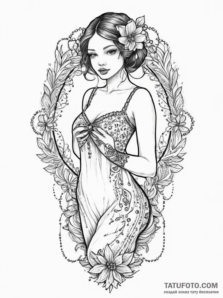 Tattoo sketch sundress with a floral pattern,... - эскиз тату (№1756628430_0, 31.08.2025 08:20) — Tatufoto.com