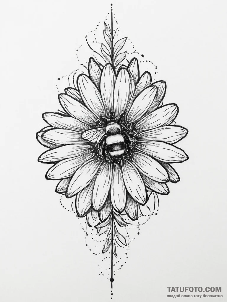 Tattoo sketch daisy with a bee, ink illustrat... - эскиз тату (№1756634055_0, 31.08.2025 09:54) — Tatufoto.com