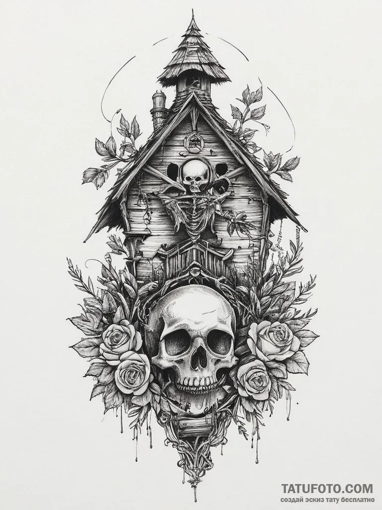 Tattoo sketch baba yaga with a hut on chicken... - эскиз тату (№1756634456_0, 31.08.2025 10:00) — Tatufoto.com