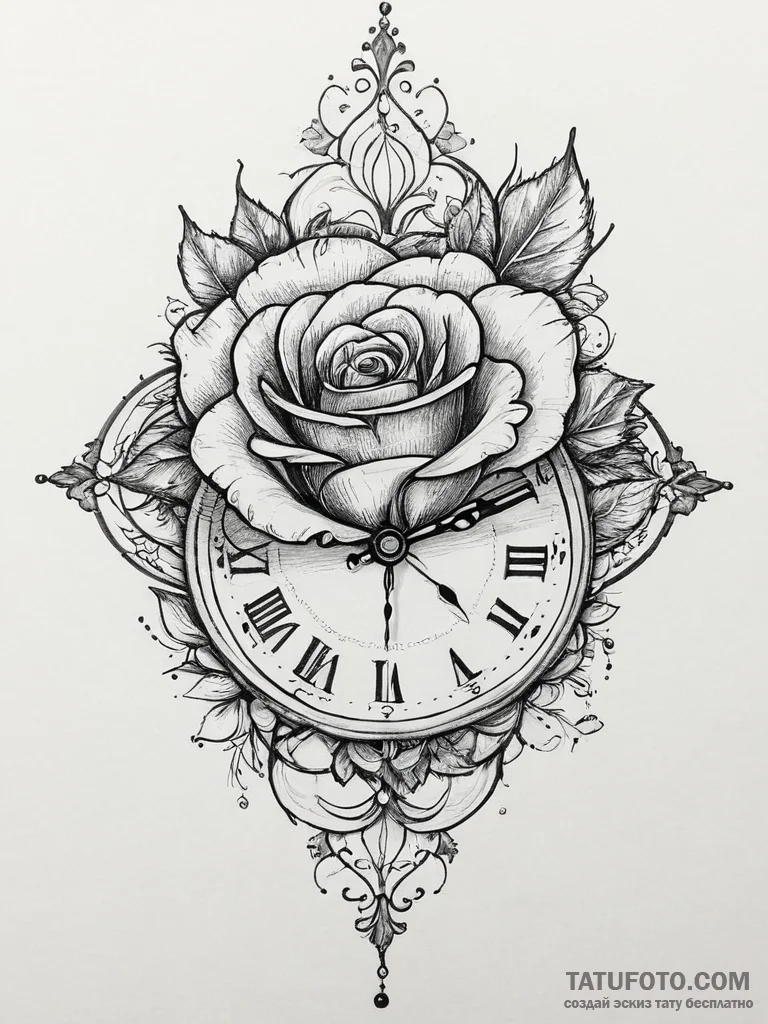 Tattoo sketch antique clock with a rose, tatt... - эскиз тату (№1756648109_0, 31.08.2025 13:48) — Tatufoto.com