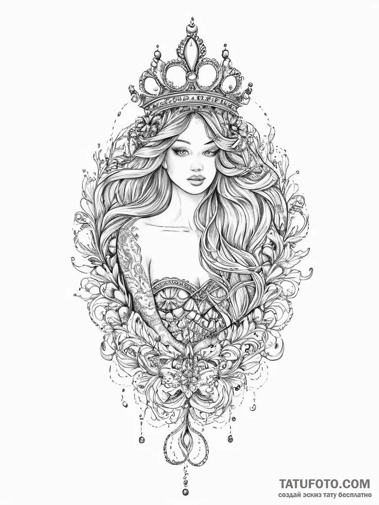 Tattoo sketch mermaid with a crown, ink illus... - эскиз тату (№1756653142_0, 31.08.2025 15:12) — Tatufoto.com