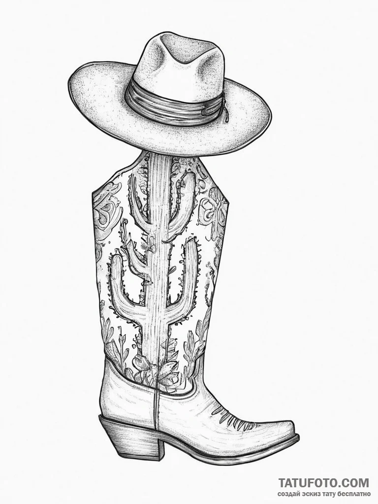 Tattoo sketch cowboy boot with a cactus - эскиз тату (№1756659161_0, 31.08.2025 16:52) — Tatufoto.com