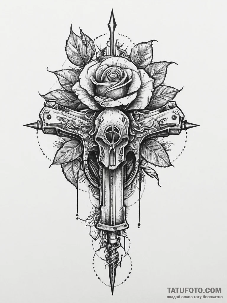 Tattoo sketch pistol with a rose, tattoo draw... - эскиз тату (№1756661809_0, 31.08.2025 17:36) — Tatufoto.com