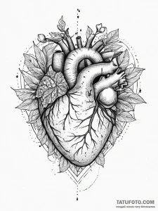 Tattoo sketch human heart with leaves, concep... - эскиз тату (№1756664784_0, 31.08.2025 18:26) — Tatufoto.com