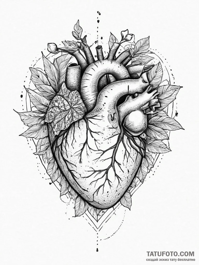 Tattoo sketch human heart with leaves, concep... - эскиз тату (№1756664784_0, 31.08.2025 18:26) — Tatufoto.com