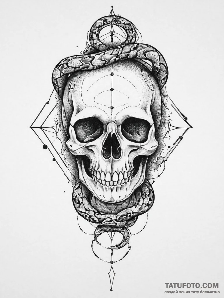 Tattoo sketch skull and snake, tattoo line ar... - эскиз тату (№1756671395_0, 31.08.2025 20:16) — Tatufoto.com