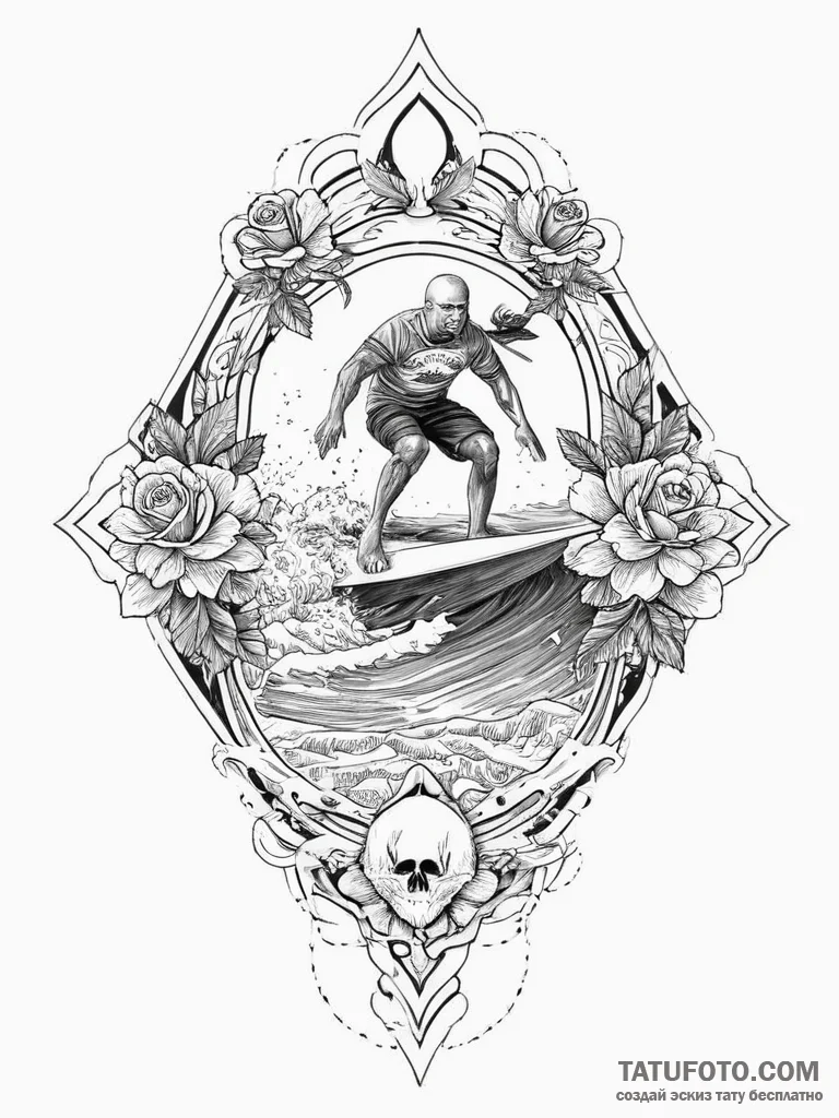 Tattoo sketch surfing person riding a wave, a... - эскиз тату (№1756691418_0, 01.09.2025 01:50) — Tatufoto.com