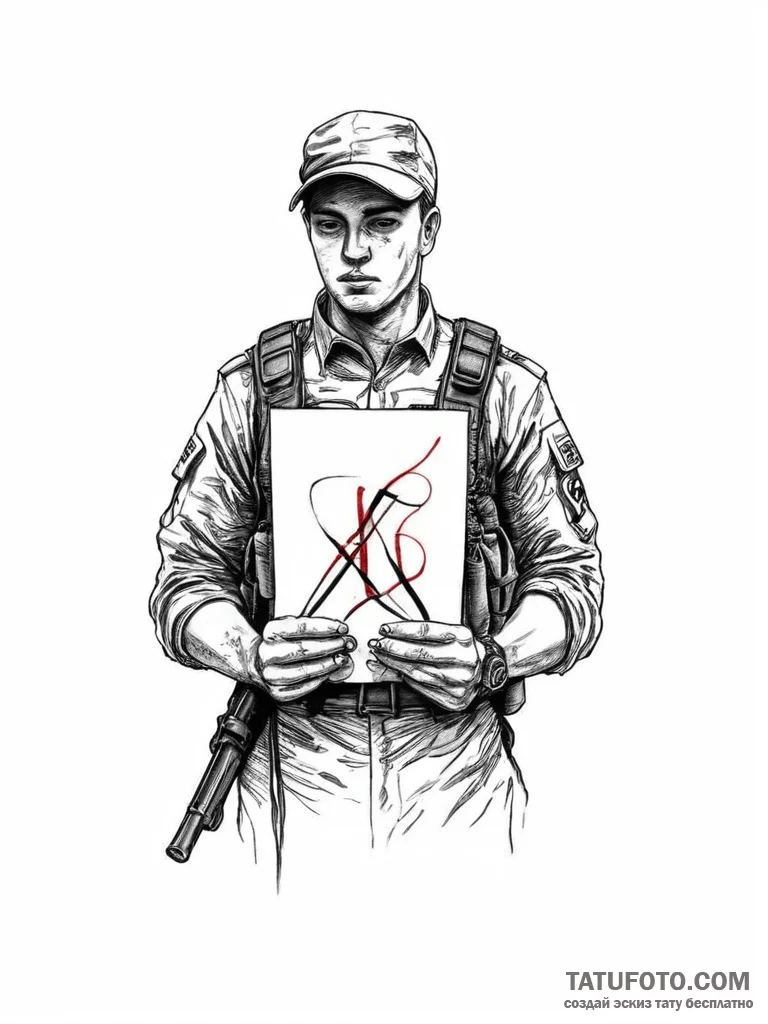 Tattoo sketch soldier with a letter, concept... - эскиз тату (№1756693195_0, 01.09.2025 02:19) — Tatufoto.com