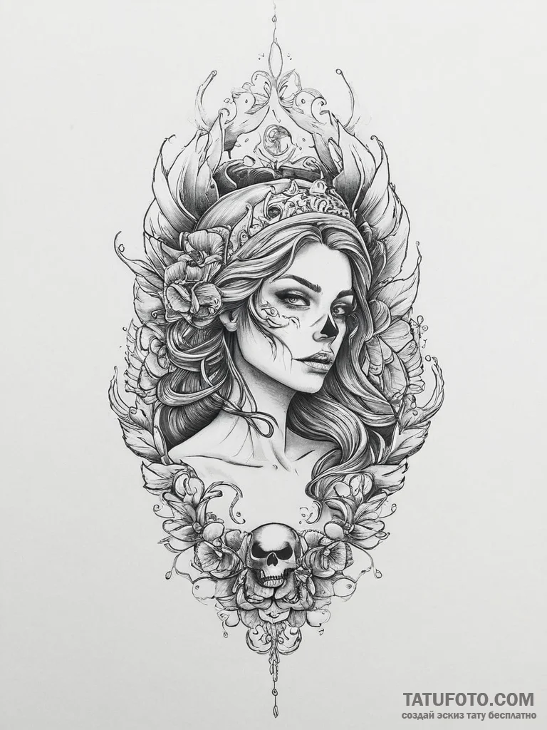 Tattoo sketch siren with a skull - эскиз тату (№1756694383_0, 01.09.2025 02:39) — Tatufoto.com