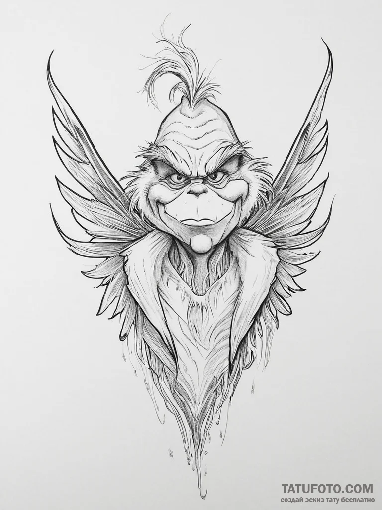 Tattoo sketch the grinch with a wing - эскиз тату (№1756700152_0, 01.09.2025 04:15) — Tatufoto.com