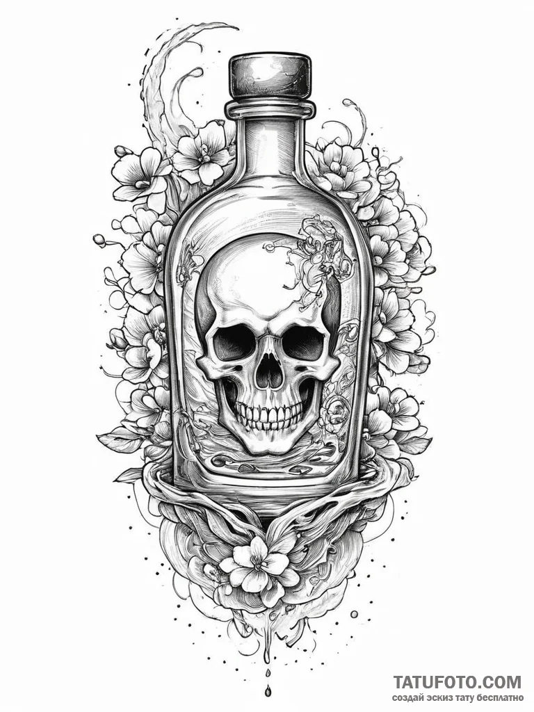 Tattoo sketch magic potion bottle with skull,... - эскиз тату (№1756713134_0, 01.09.2025 07:52) — Tatufoto.com