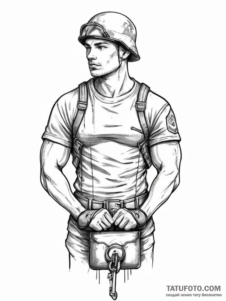 Tattoo sketch soldier with a lock - эскиз тату (№1756715500_0, 01.09.2025 08:31) — Tatufoto.com