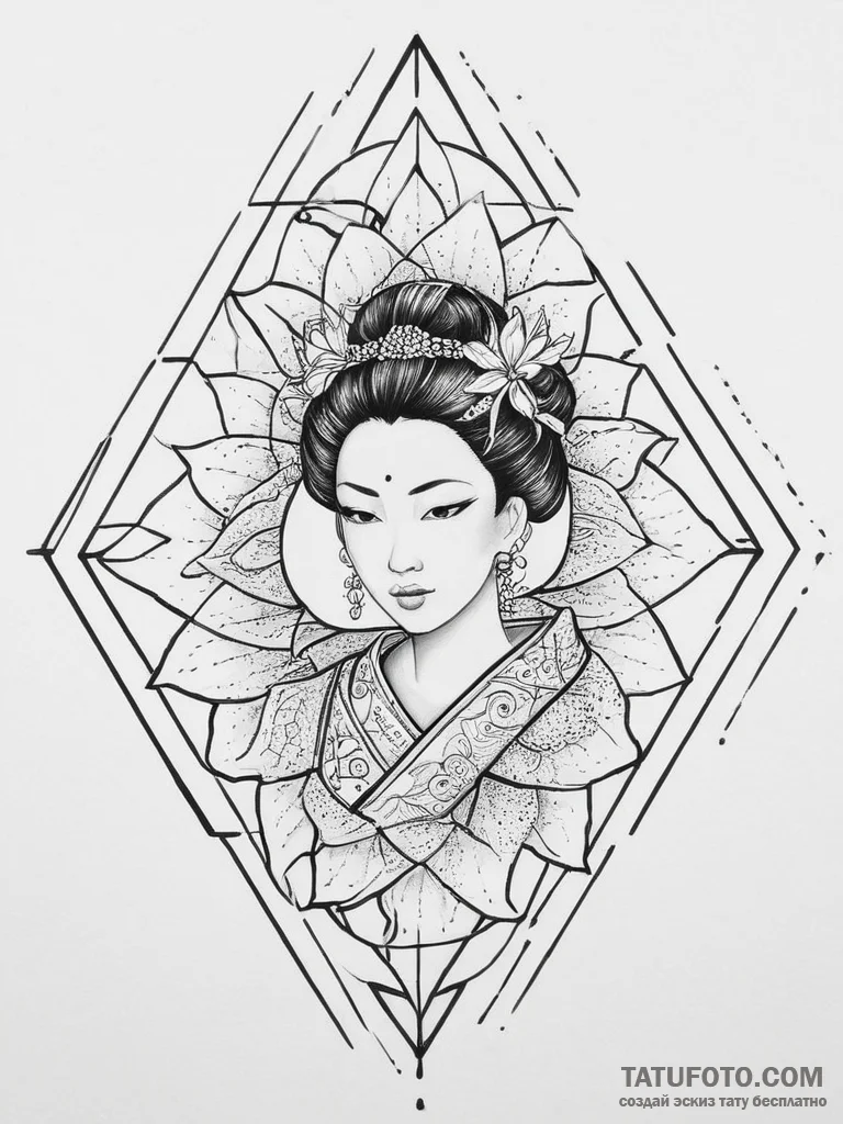 Tattoo sketch geisha with a lotus, concept ar... - эскиз тату (№1756722046_0, 01.09.2025 10:20) — Tatufoto.com