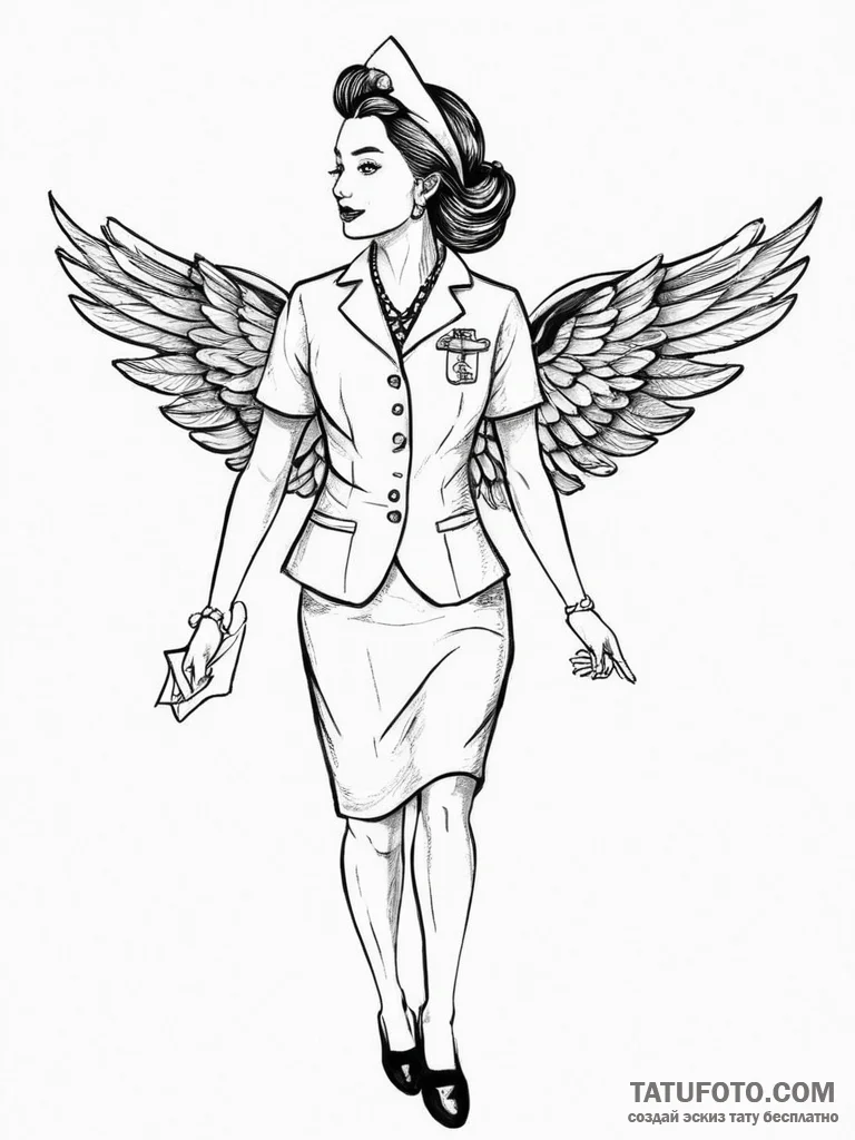 Tattoo sketch stewardess flight attendant win... - эскиз тату (№1756728813_0, 01.09.2025 12:13) — Tatufoto.com