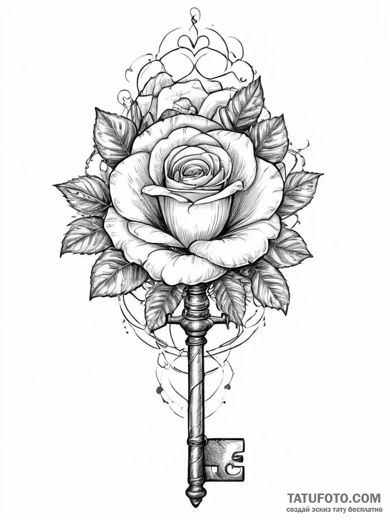 Tattoo sketch vintage key and rose - эскиз тату (№1756736178_0, 01.09.2025 14:16) — Tatufoto.com