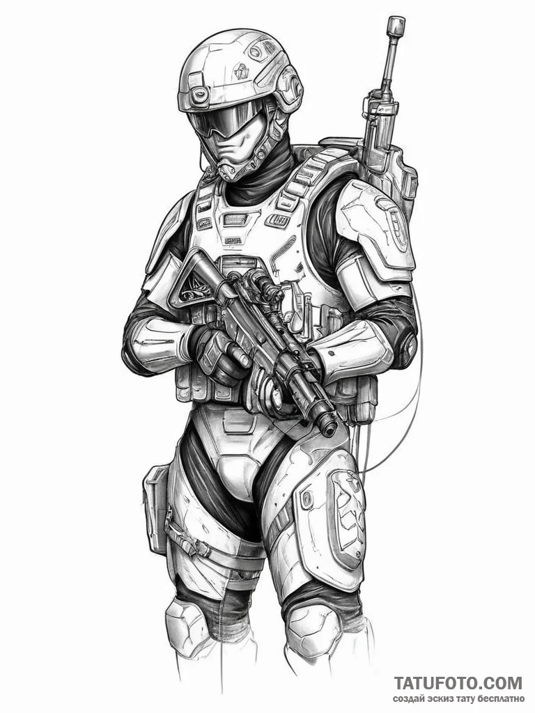Tattoo sketch soldier with a futuristic weapo... - эскиз тату (№1756747004_0, 01.09.2025 17:16) — Tatufoto.com